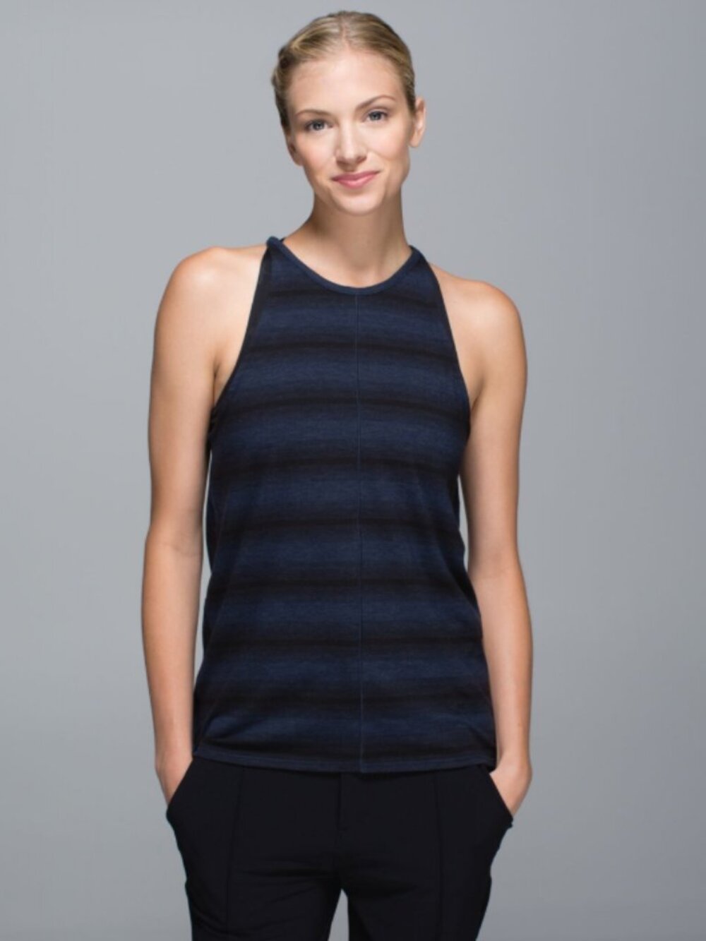Lululemon Find Your Zen Tank Navy/Black Stripes sz 8 Pima cotton blend